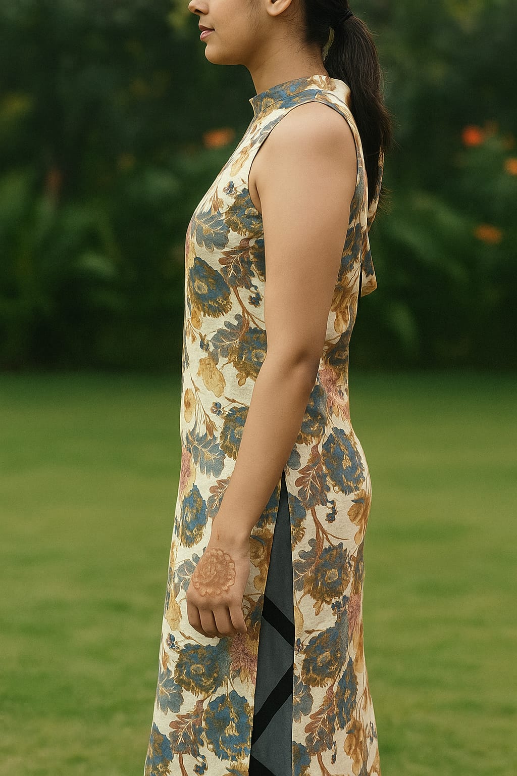 Floral sleeveless straight kurta