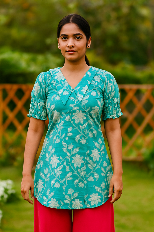 Aqua Blue Floral Print Short Kurti