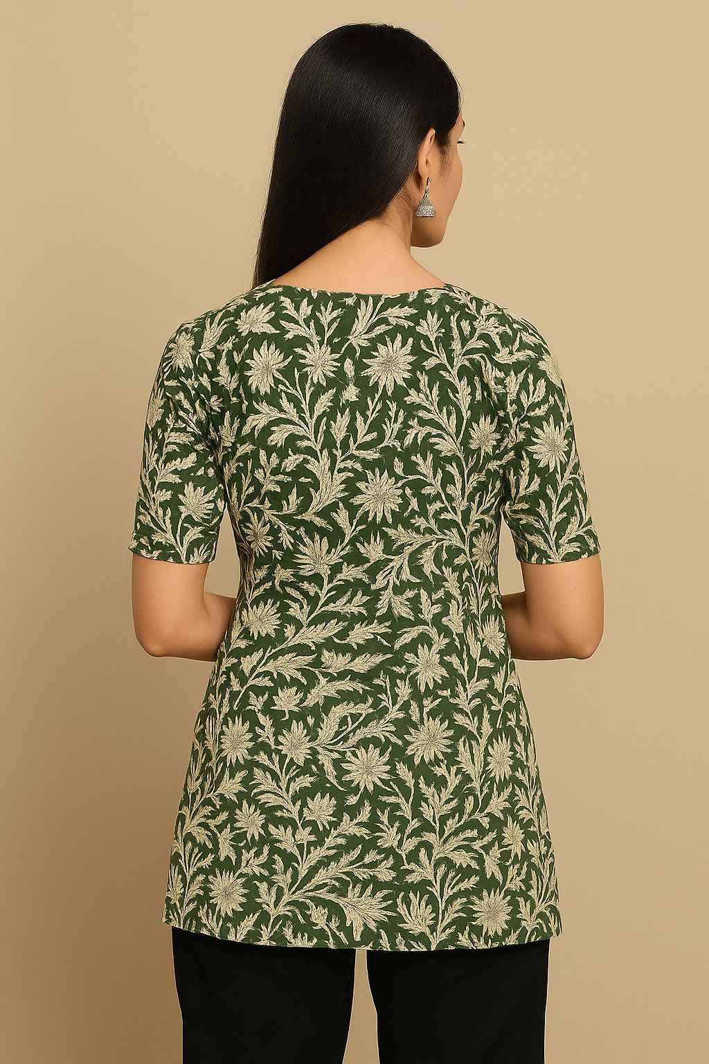 Green Floral Handblock Print Short Kurti
