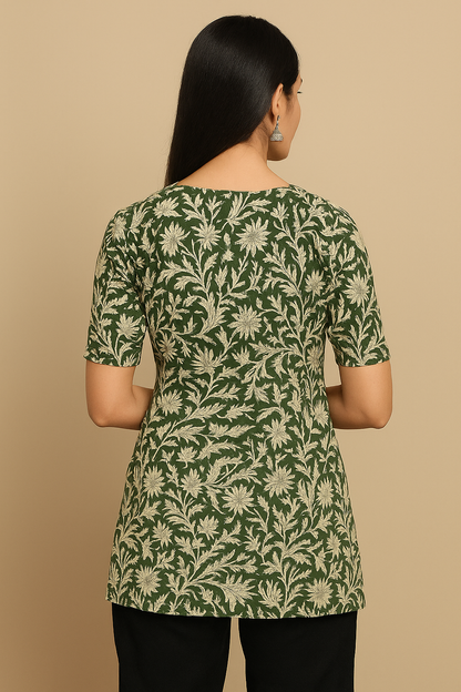 Green Floral Handblock Print Short Kurti