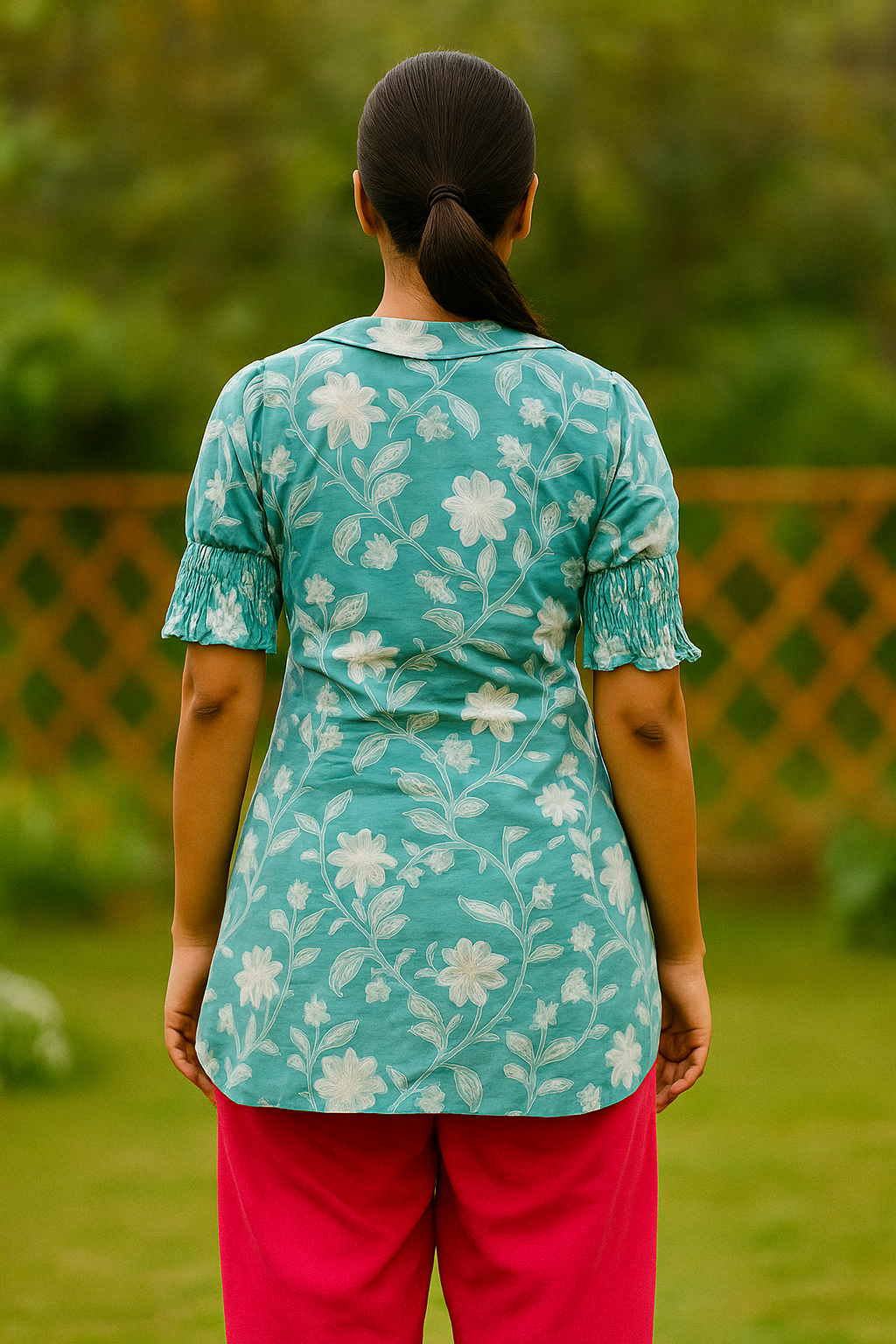 Aqua Blue Floral Print Short Kurti