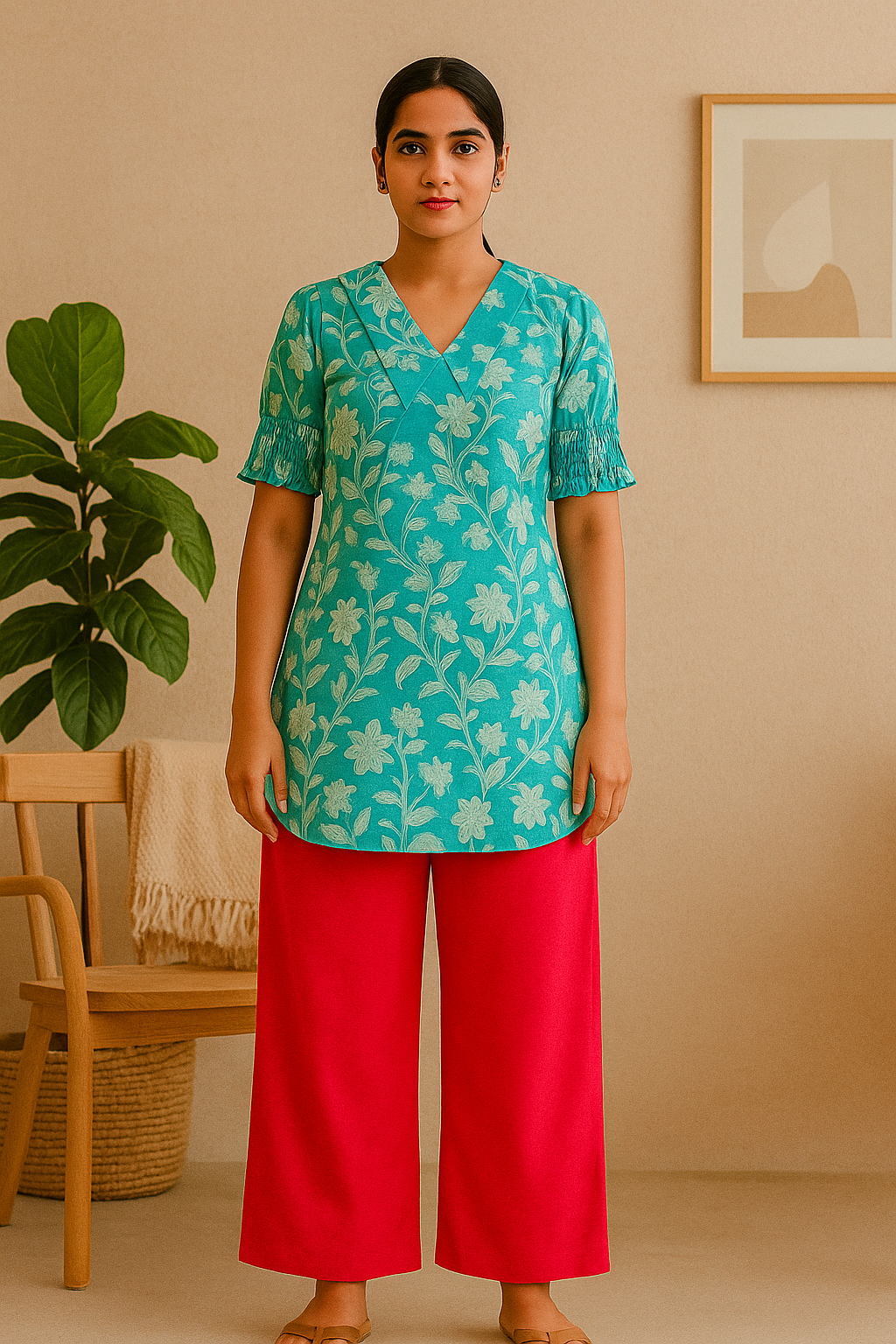 Aqua Blue Floral Print Short Kurti