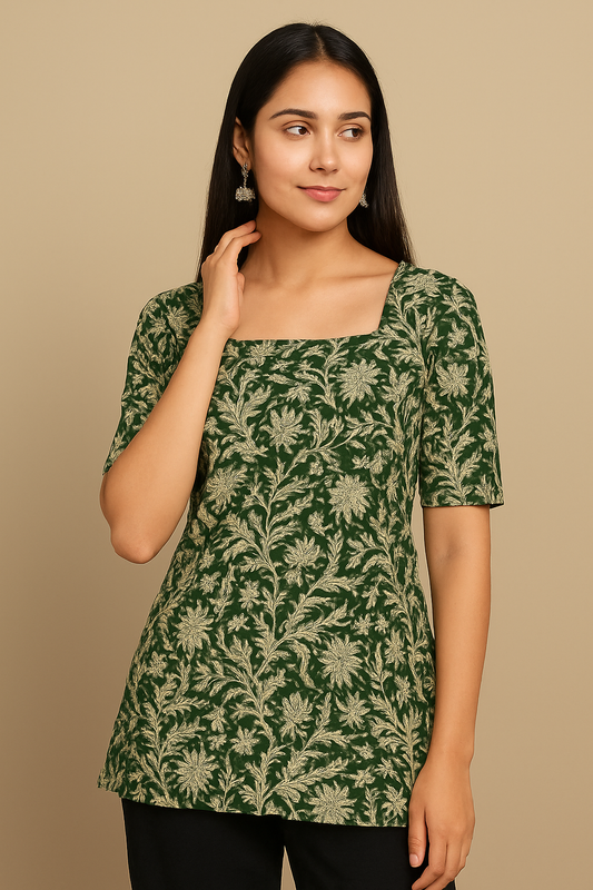 Green Floral Handblock Print Short Kurti