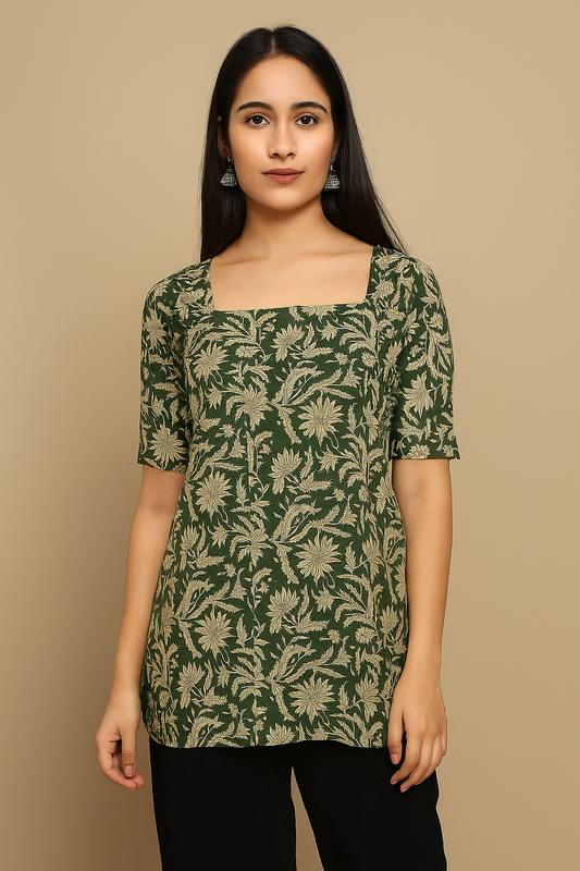 Green Floral Handblock Print Short Kurti