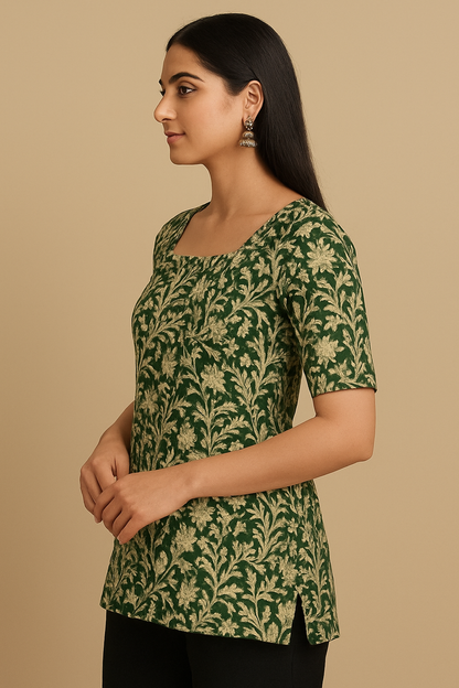 Green Floral Handblock Print Short Kurti
