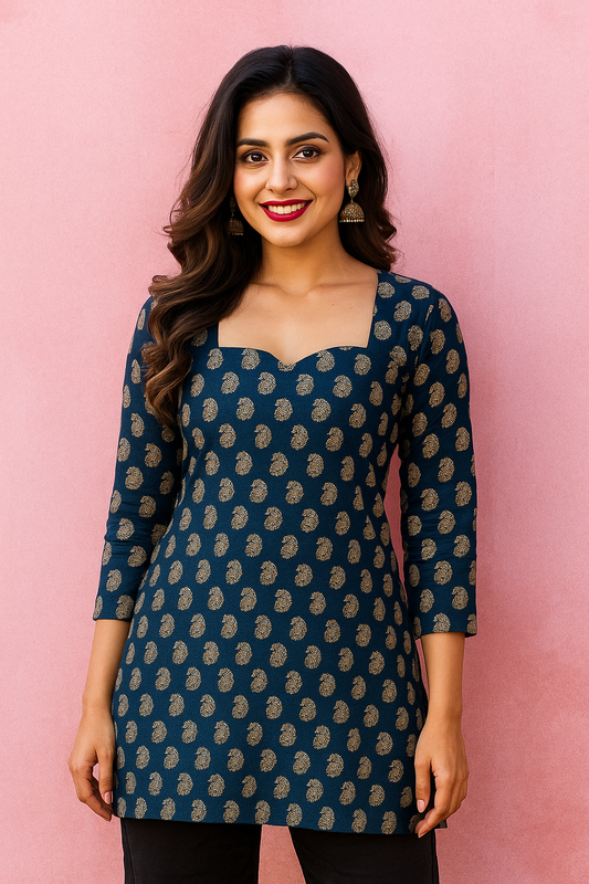 Navy Blue Paisley Print Kurti